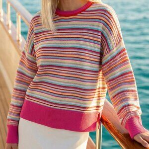 $295 THE KOOPLES Paris drop shoulder sweater L pink, white & jewel tone stripes